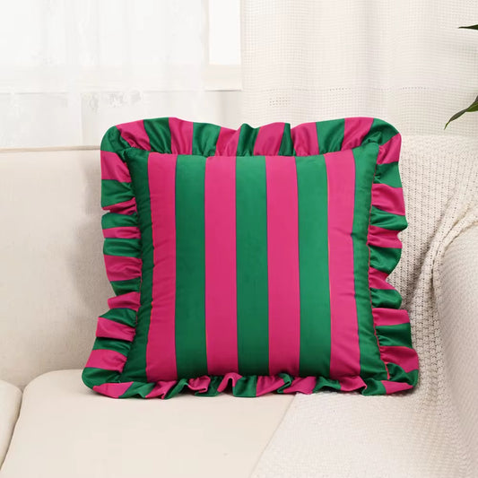 Pink Striped Ruffle Cushion Cover