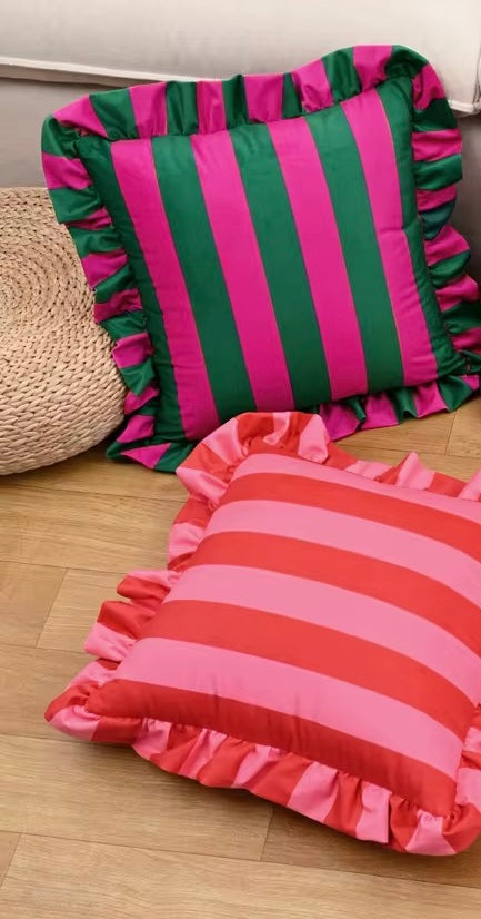 Pink Striped Ruffle Cushion Cover