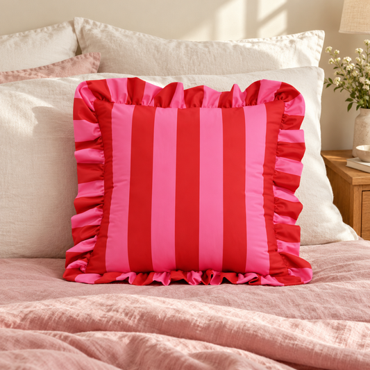 Pink Striped Ruffle Cushion Cover
