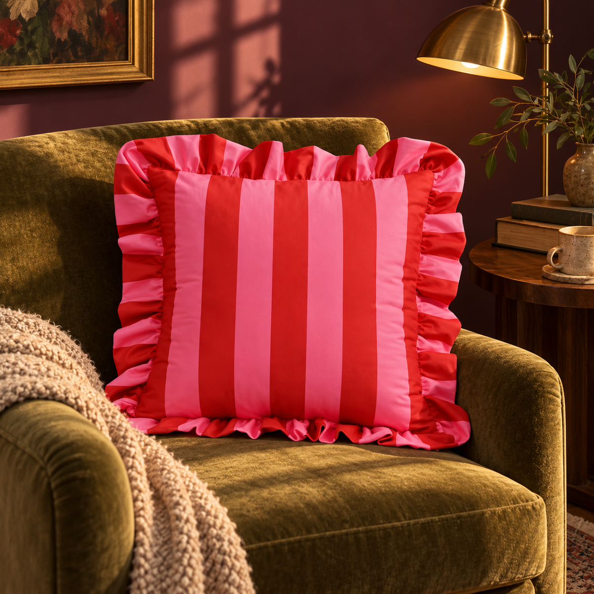 Pink Striped Ruffle Cushion Cover