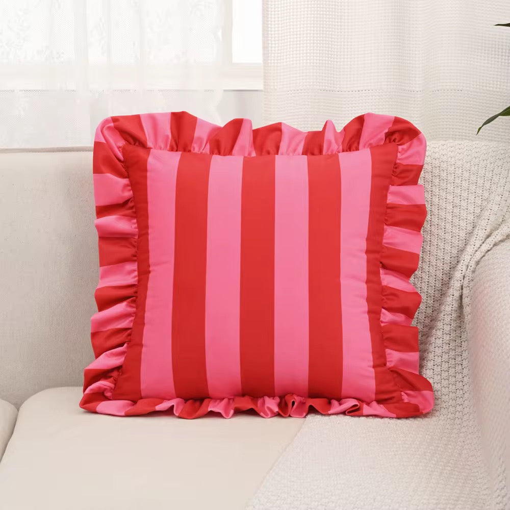 Pink Striped Ruffle Cushion Cover