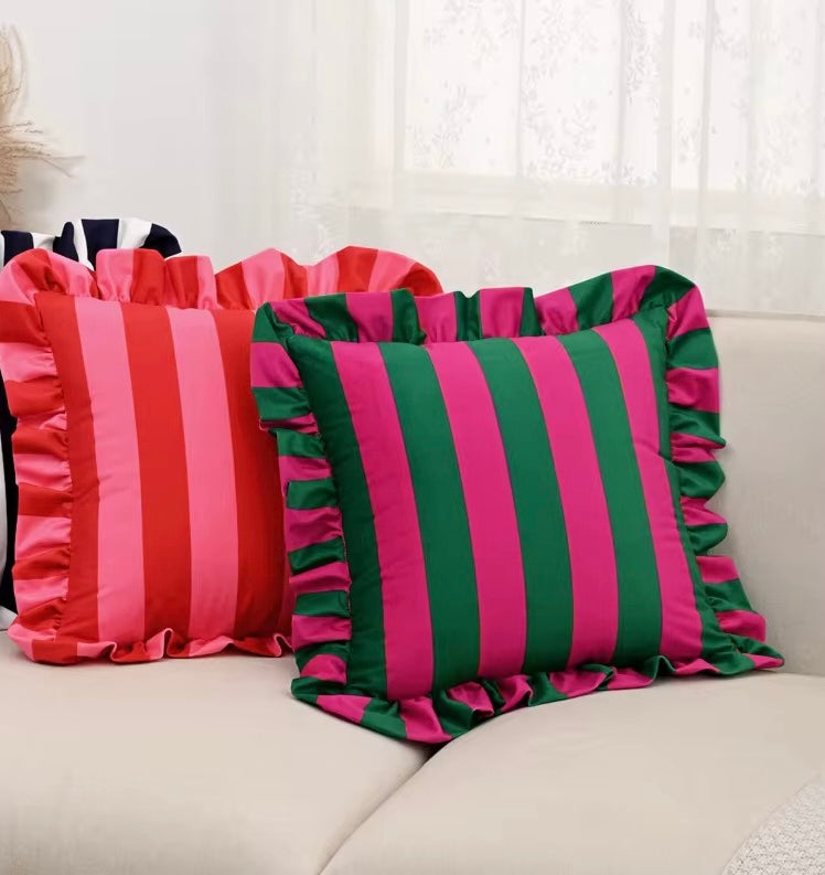 Pink Striped Ruffle Cushion Cover